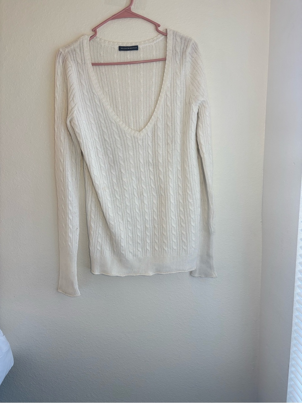 Brandy Melville White Cable Knit Deep V-Neck Sweater Preppy Cottagecore Size XL